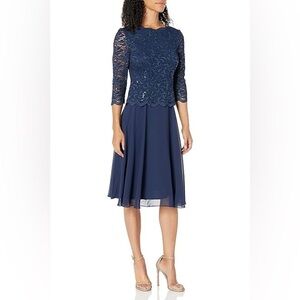 NWT Alex Evenings Women's Tea Length Sequin Mock Dress Navy Blue Size 8
